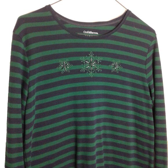"Snowflakes"Croft&Barrow Classic Tee women's size L t-shirt green & blue stripe - Picture 2 of 5